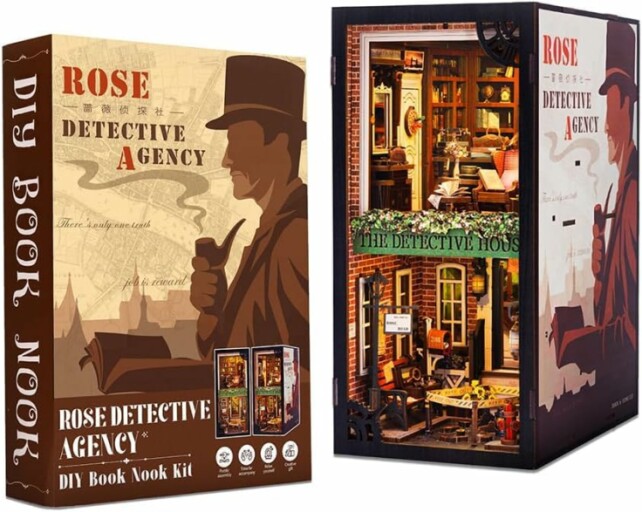 Miniature detective agency diorama with LED light and touch switch.