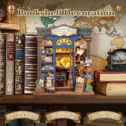 Bookshelf decoration with a DIY book nook featuring a miniature bookstore and vintage decor.