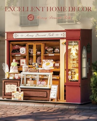 Charming bakery storefront with desserts and decor.