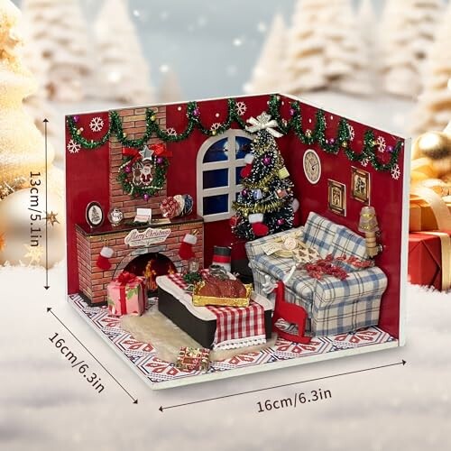 Miniature Christmas living room diorama with decorations.