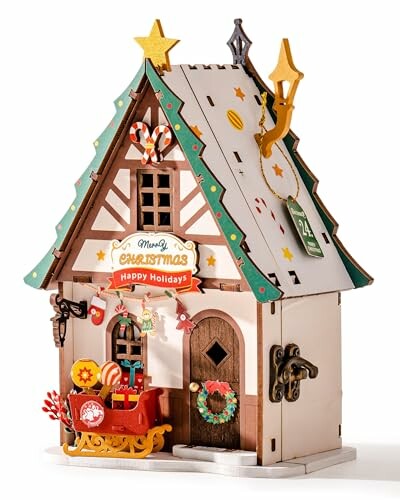 Decorative Christmas-themed mini house with holiday decorations.