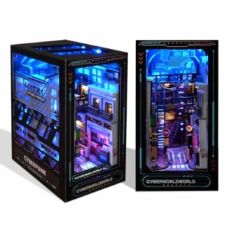 Cyberpunk-themed diorama box with futuristic cityscape design and blue lighting.