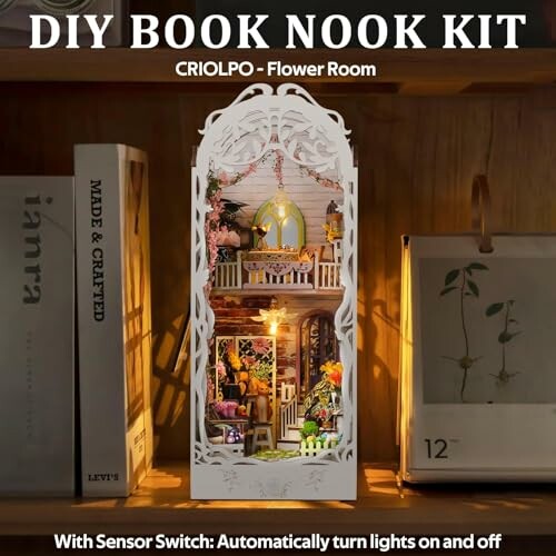 DIY book nook kit with flower room design and sensor switch for lights.