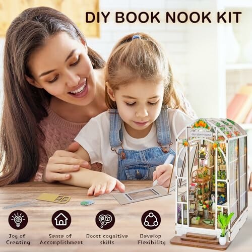 Woman and child assembling a DIY book nook kit.