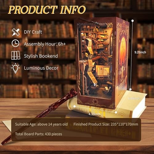 DIY craft kit for making a stylish, luminous bookend with product info overlay.
