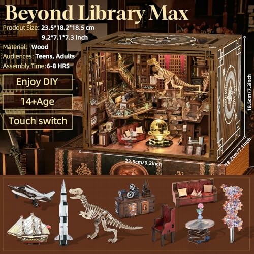 DIY miniature library kit with dinosaur skeleton and furniture.