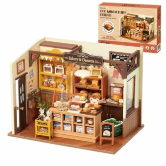 DIY miniature bakery house with detailed interior.