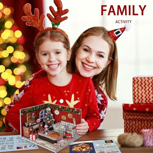 Mother and daughter in festive attire with Christmas craft set.