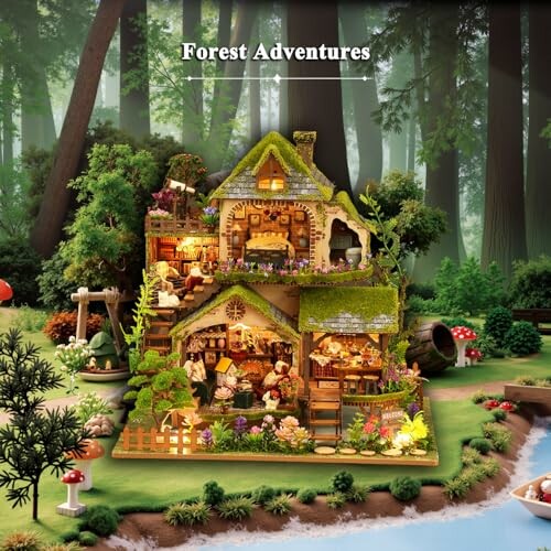 Miniature dollhouse in a forest setting with greenery and mushrooms.