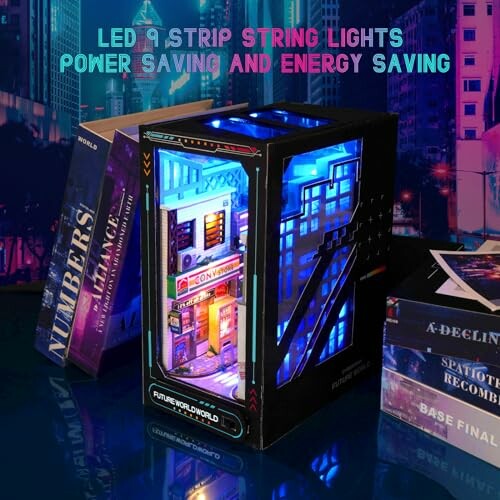 Futuristic-themed box with LED lights and cityscape design.
