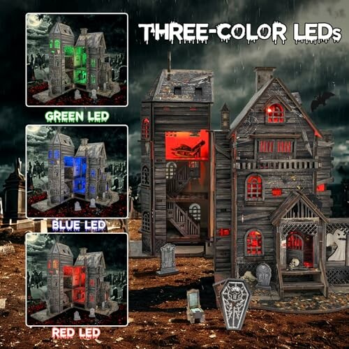 Haunted house with three-color LED lights: green, blue, and red.