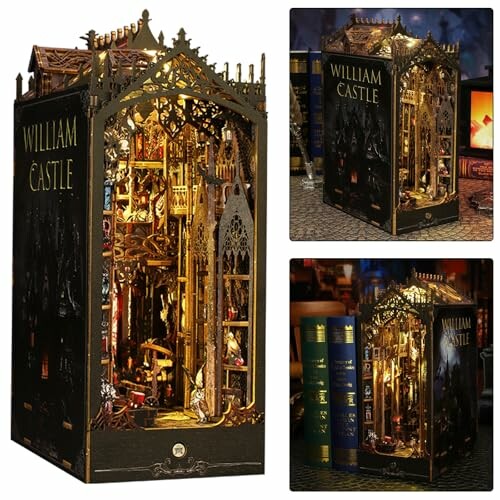 Intricate book nook with gothic castle design and illuminated interior.