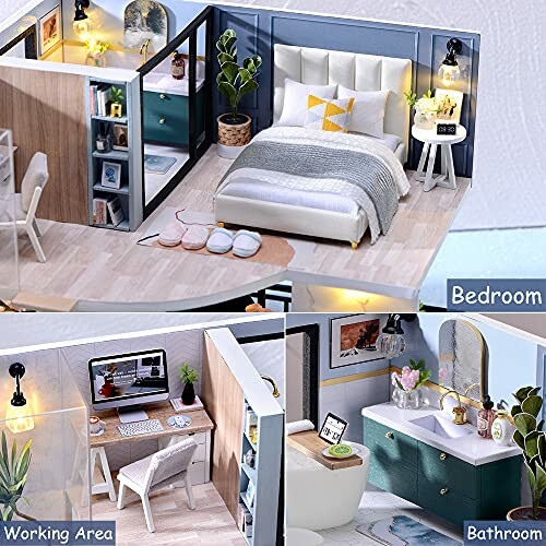 Miniature model of a bedroom, bathroom, and workspace.