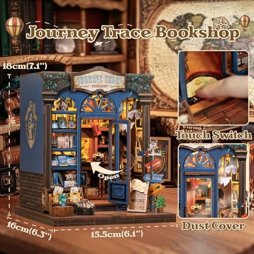 Miniature bookshop diorama with touch switch and dust cover.