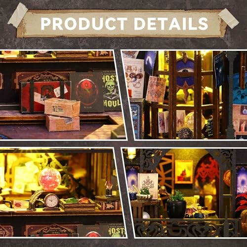 Miniature bookstore details with books, decor, and small items.
