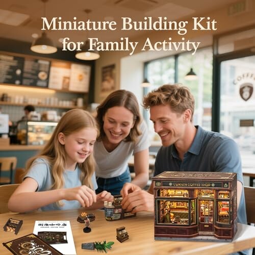 Family enjoying a miniature building kit in a cafe.