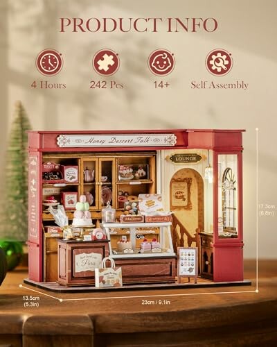 Miniature dessert shop diorama with product info including assembly time, pieces, and age recommendation.