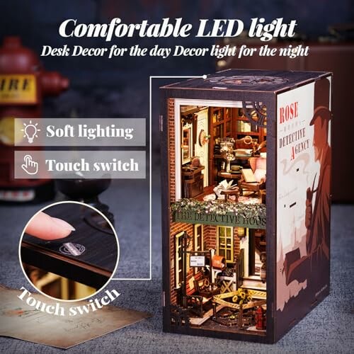 Miniature detective agency diorama with LED light and touch switch.