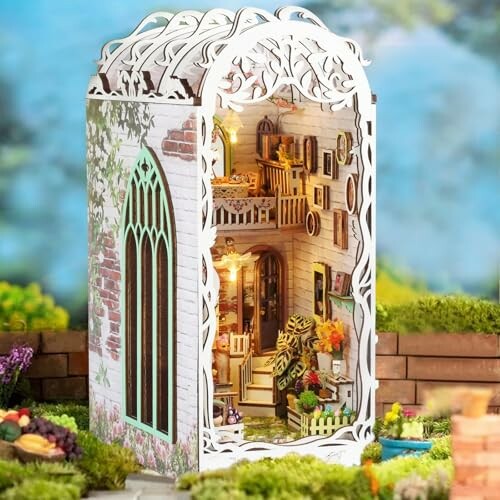 Intricate miniature dollhouse with detailed interior and garden setting.