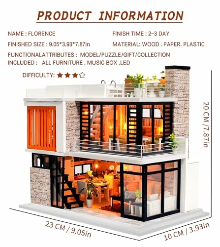 Miniature dollhouse kit with product information and dimensions.
