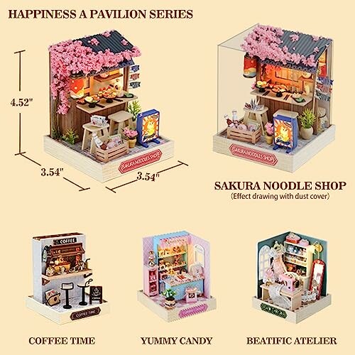 Miniature dollhouse kits including Sakura Noodle Shop, Coffee Time, Yummy Candy, and Beatific Atelier.