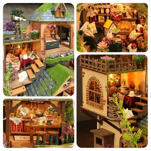 Collage of intricate miniature dollhouse scenes with detailed interiors and furniture.