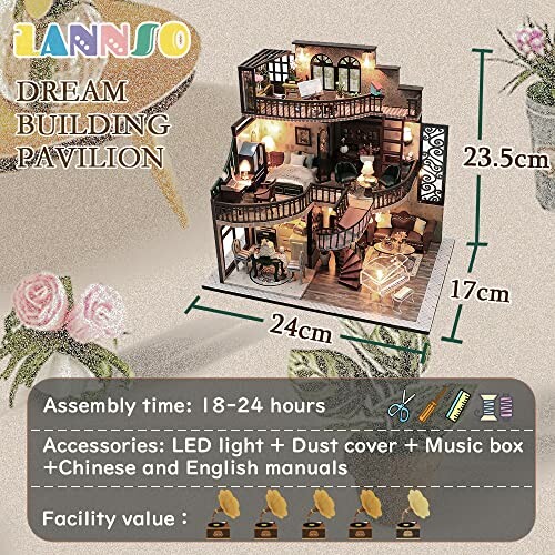 Miniature dream building pavilion kit with dimensions and accessories.