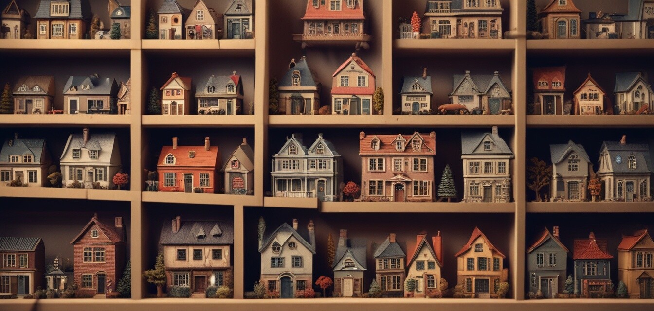 Miniature house kits on a shelf