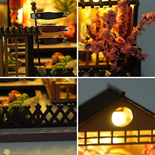 Collage of a lit miniature house with decorative elements.