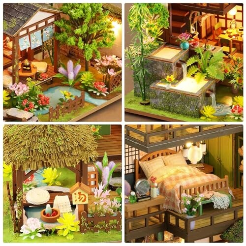 Miniature Japanese dollhouse with garden, pond, and detailed interiors.