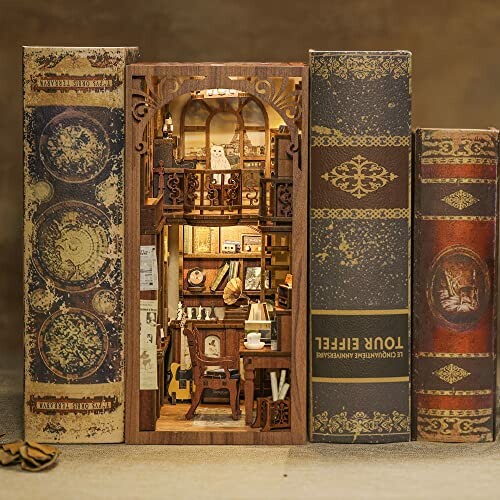 Miniature library scene nestled between vintage books.