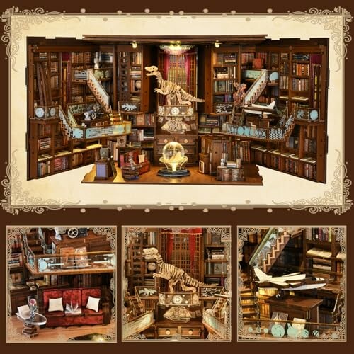 Miniature library diorama with books, dinosaur skeleton, and globe.