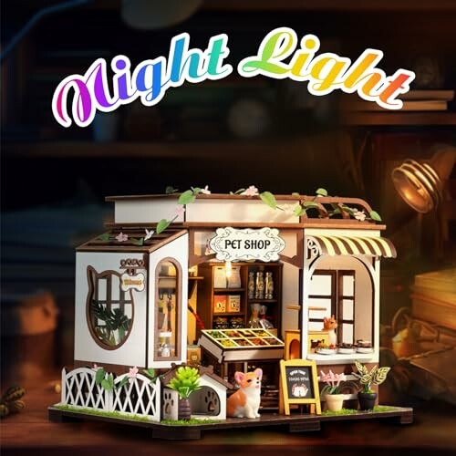Miniature pet shop dollhouse with night light.