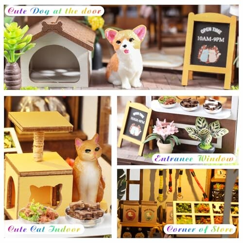 Miniature pet store with dog, cat, and store items.