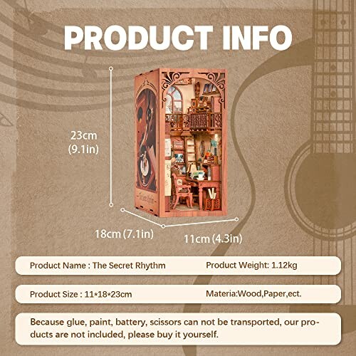 Product information for a miniature wooden dollhouse, including dimensions and materials.