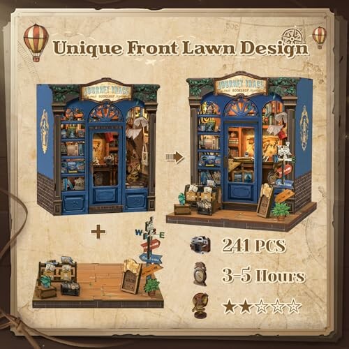 Miniature dollhouse kit with unique front lawn design, includes 241 pieces and takes 3-5 hours to assemble.